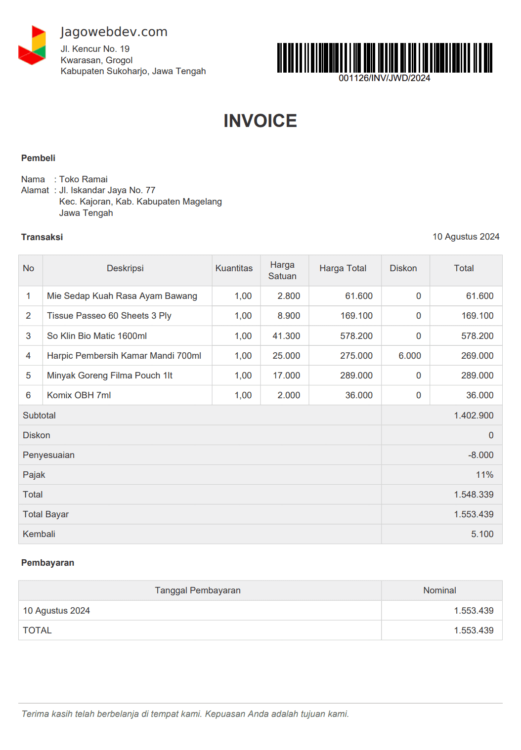 Contoh Invoice Dengan Barcode
